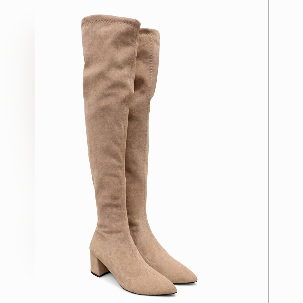 Taupe Faux Suede Block Heel -  Over The Knee Boots - Size 7.5